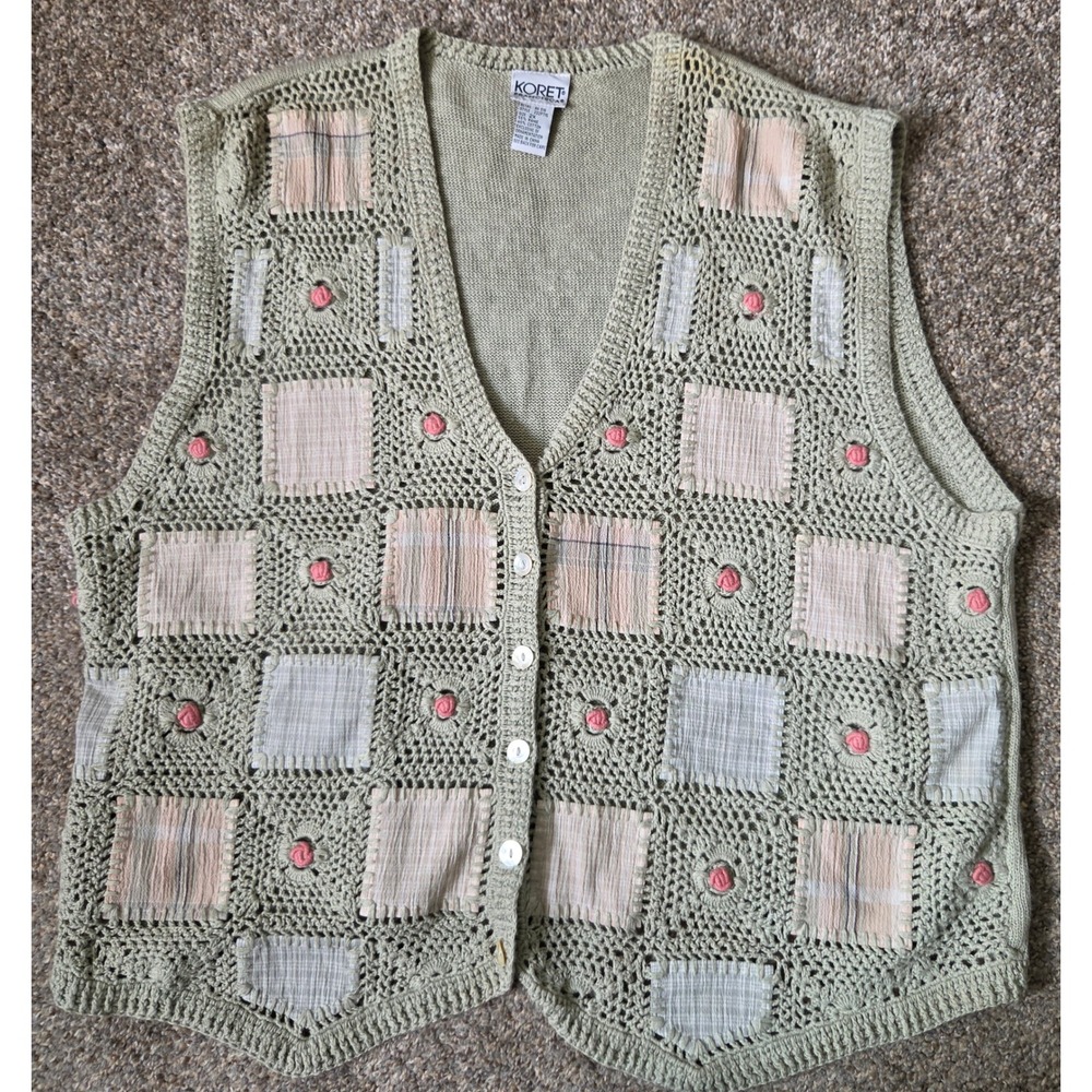 Koret Francisca Sage Green Crochet Patchwork Floral Knit Vest Plus Size 2X Read!
